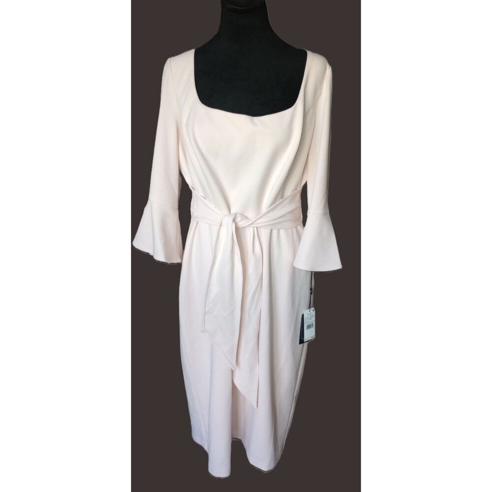 Adrianna Papell Women's 16 Soft Pink Midi Dress Bell Sleeves & Front Tie, NWT